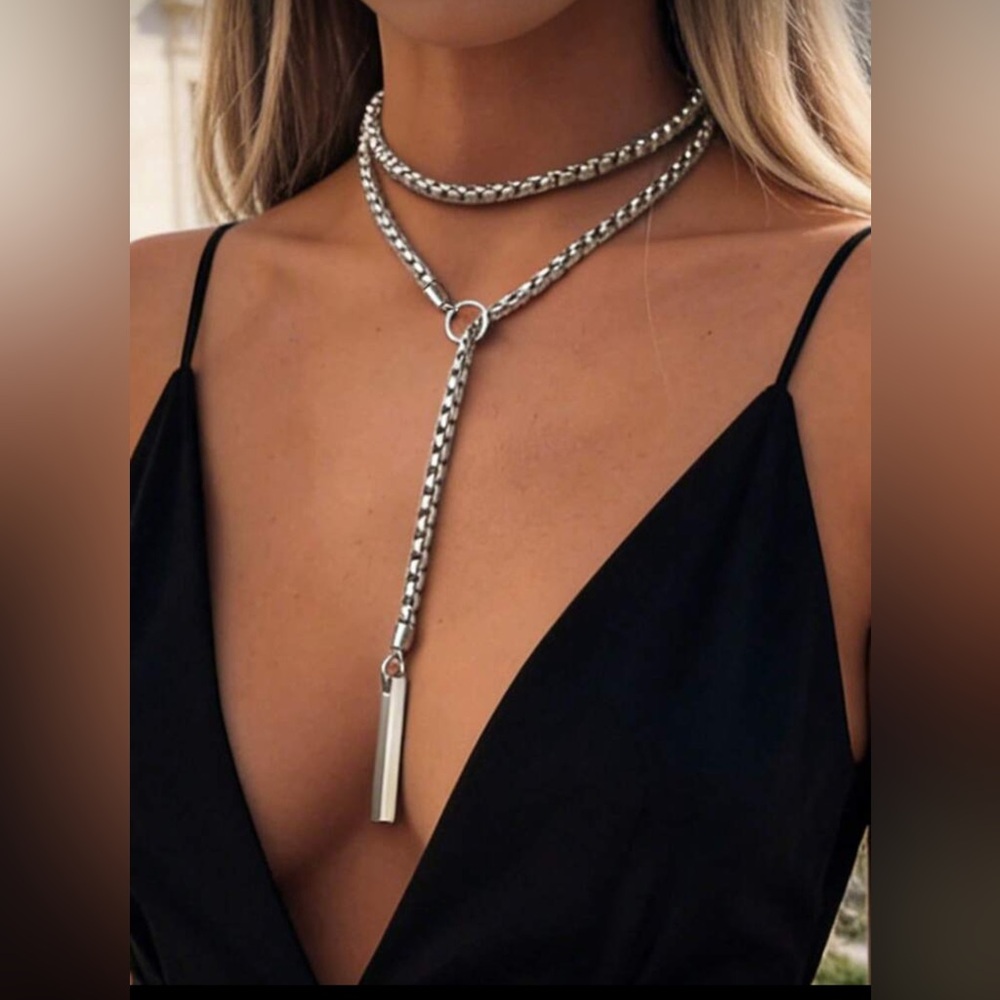 Silver Plated Stainless Steel Lariat Necklace Stainless Steel Long Drop Necklace - Picture 2 of 4